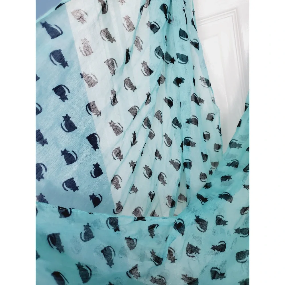 Teal Blue Cat Print Infinity Scarf Festival Whimsical‎ Gauze Quirky